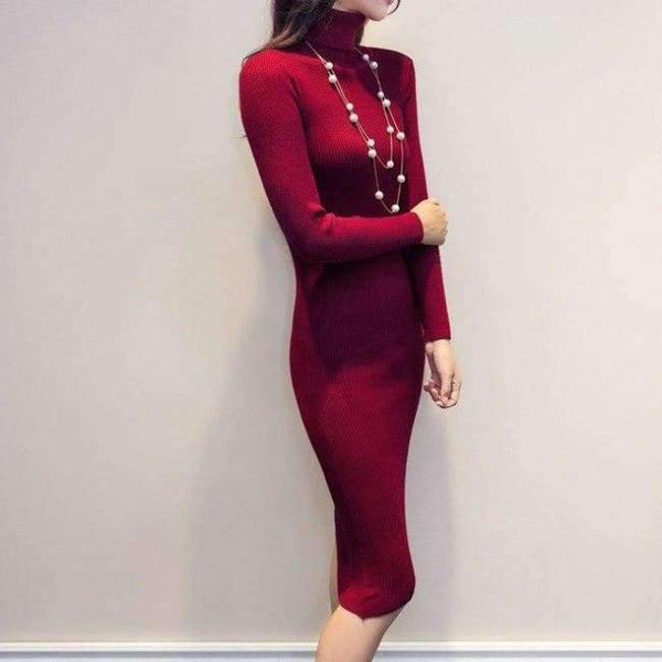 Planet Gates wine red / S Women Autumn Winter Sweater Knitted Dresses Slim Elastic Turtleneck Long Sleeve Sexy Lady Bodycon Robe Dresses Vestidos LJ1017