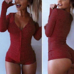 Planet Gates Wine Red / S Womens Jumpsuit 2018 Sexy Lady V Neck Long Sleeve Bodycon Jumpsuit Bodysuit Slim Short Cotton Romper
