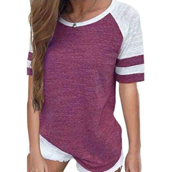 Planet Gates wine red short / XXXL Women Striped Splicing Baseball Tshirt 2018 Spring Autumn O Neck Long Sleeve Top Tees All Matched T Shirt Plus Size 5XL