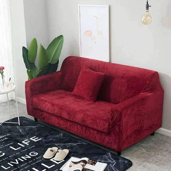 Planet Gates wine red / Single Seater Plush Sofa Cover 1pcs Velvet Solid Cover All-inclusive Sofa Elastic Fabric Couch Cover Grey Thick Slipcover Home Decor