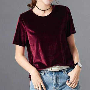 Planet Gates Wine Red / XL Women T Shirt Short Sleeve Crushed Velvet Summer Womens Tops And T Shirts O-Neck Woman Tee Shirt Femme Manche Courte