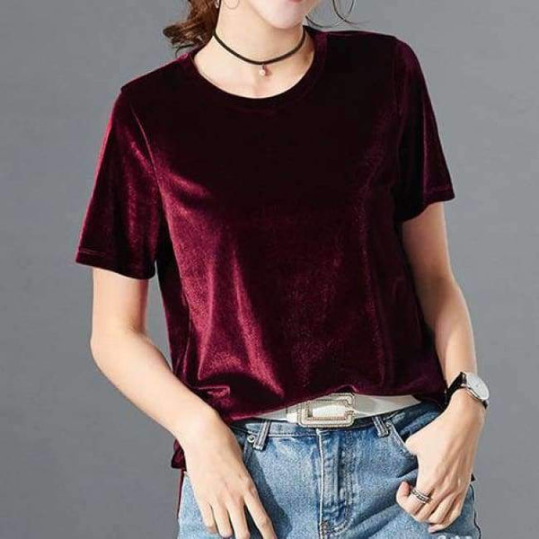 Planet Gates Wine Red / XL Women T Shirt Short Sleeve Crushed Velvet Summer Womens Tops And T Shirts O-Neck Woman Tee Shirt Femme Manche Courte