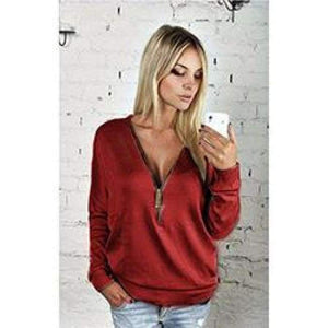 Newautumn Women Dress Sexy Fashion Batwing Sleeve Blouse Deep V Collar Zipper Sweater Long Sleeved T-Shirt Dress Plus Size S-5Xl - Wine Red