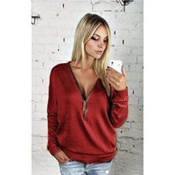 Newautumn Women Dress Sexy Fashion Batwing Sleeve Blouse Deep V Collar Zipper Sweater Long Sleeved T-Shirt Dress Plus Size S-5Xl - Wine Red