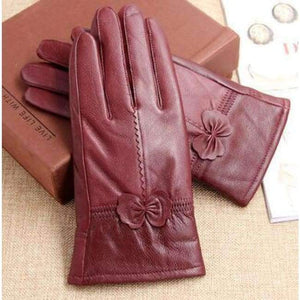 Planet Gates wine thick Leather sheepskin gloves quality genuine leather bow women's gloves thickening thin
