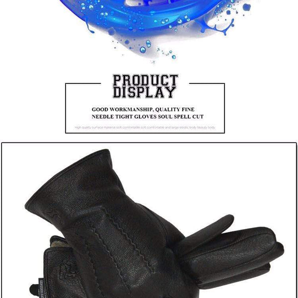 Planet Gates Winter men deer skin leather gloves male warm soft black sewing design men mittens imitate rabbit hair 70% wool lining-07