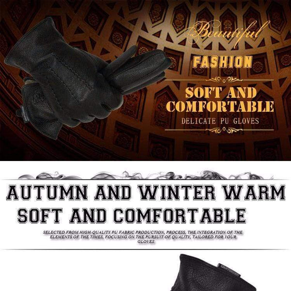 Planet Gates Winter men deer skin leather gloves male warm soft black sewing design men mittens imitate rabbit hair 70% wool lining-07