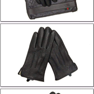 Planet Gates Winter men deer skin leather gloves male warm soft black sewing design men mittens imitate rabbit hair 70% wool lining-07