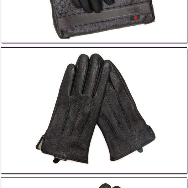 Planet Gates Winter men deer skin leather gloves male warm soft black sewing design men mittens imitate rabbit hair 70% wool lining-07