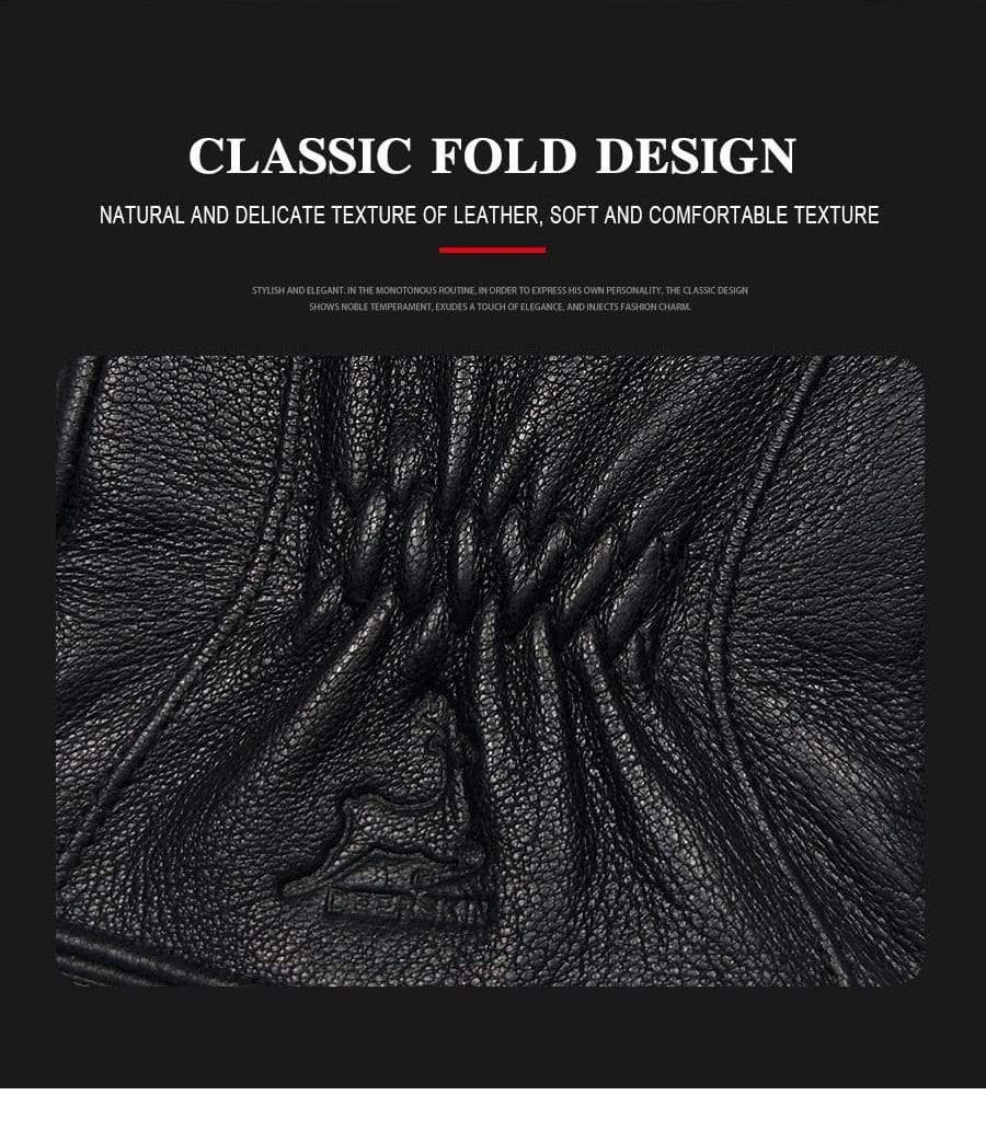 Planet Gates Winter Men's Leather Gloves Warm Soft Black Buckskin Pleated Design Outdoors Driving Gloves Mittens Wool Lining