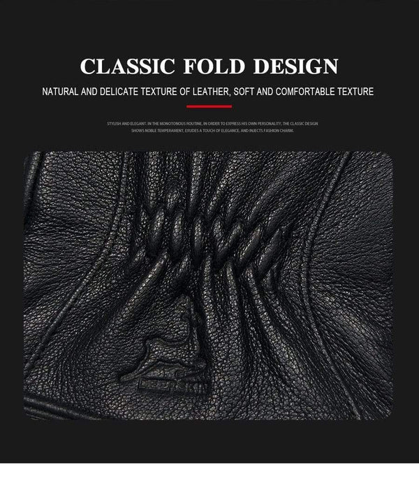 Planet Gates Winter Men's Leather Gloves Warm Soft Black Buckskin Pleated Design Outdoors Driving Gloves Mittens Wool Lining