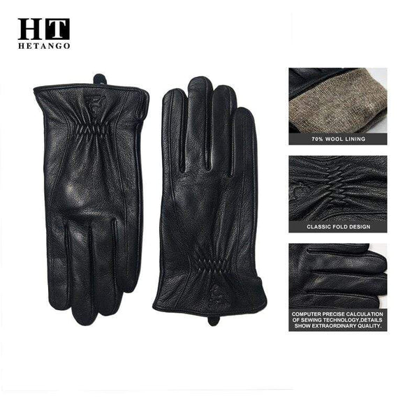 Planet Gates Winter Men's Leather Gloves Warm Soft Black Buckskin Pleated Design Outdoors Driving Gloves Mittens Wool Lining