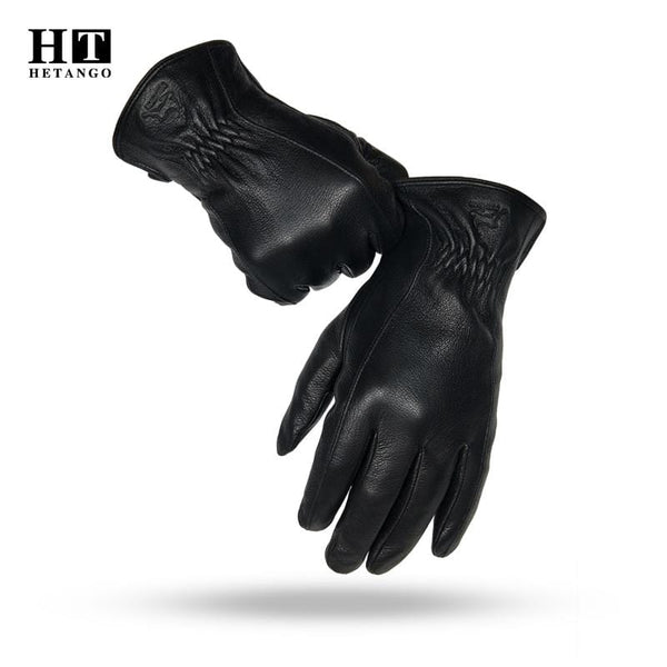 Planet Gates Winter Men's Leather Gloves Warm Soft Black Buckskin Pleated Design Outdoors Driving Gloves Mittens Wool Lining