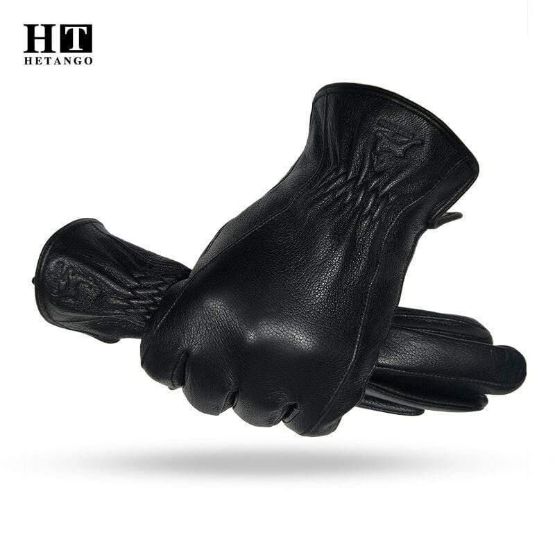 Planet Gates Winter Men's Leather Gloves Warm Soft Black Buckskin Pleated Design Outdoors Driving Gloves Mittens Wool Lining