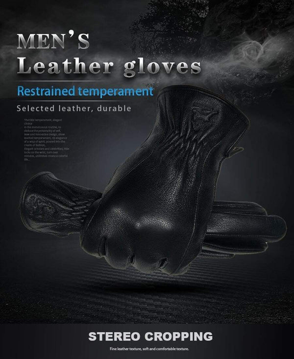 Planet Gates Winter Men's Leather Gloves Warm Soft Black Buckskin Pleated Design Outdoors Driving Gloves Mittens Wool Lining