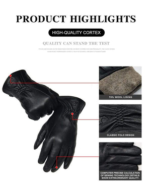 Planet Gates Winter Men's Leather Gloves Warm Soft Black Buckskin Pleated Design Outdoors Driving Gloves Mittens Wool Lining