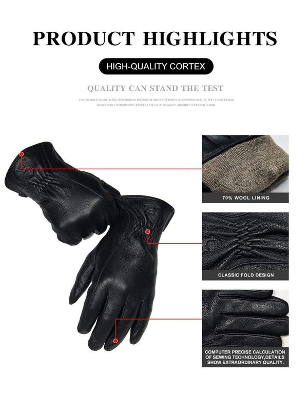 Planet Gates Winter Men's Leather Gloves Warm Soft Black Buckskin Pleated Design Outdoors Driving Gloves Mittens Wool Lining
