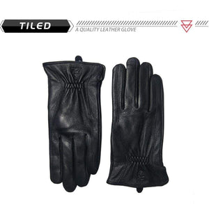 Planet Gates Winter Men's Leather Gloves Warm Soft Black Buckskin Pleated Design Outdoors Driving Gloves Mittens Wool Lining