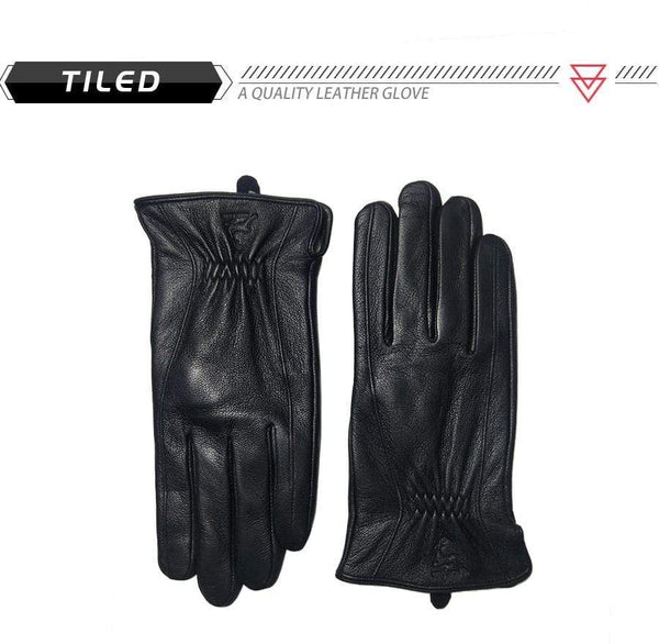 Planet Gates Winter Men's Leather Gloves Warm Soft Black Buckskin Pleated Design Outdoors Driving Gloves Mittens Wool Lining