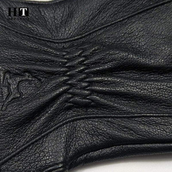 Planet Gates Winter Men's Leather Gloves Warm Soft Black Buckskin Pleated Design Outdoors Driving Gloves Mittens Wool Lining