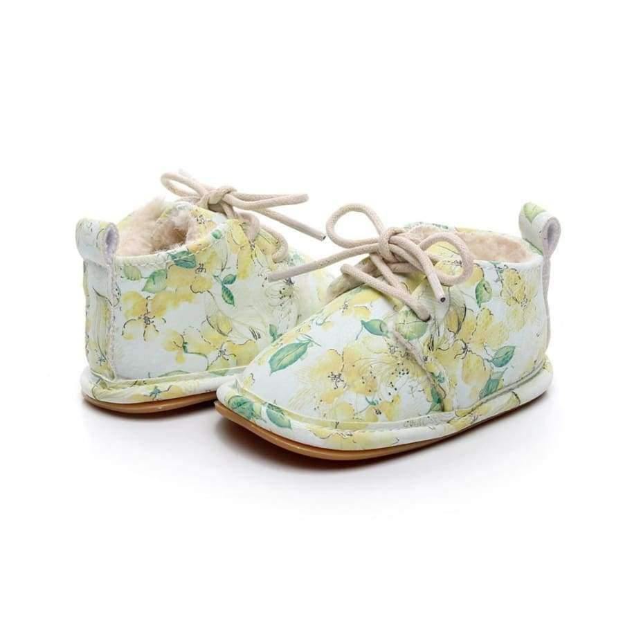 Planet Gates Winter super warm floral printing PU leather with fur baby moccasins infant baby girl boys shoes lace up boot