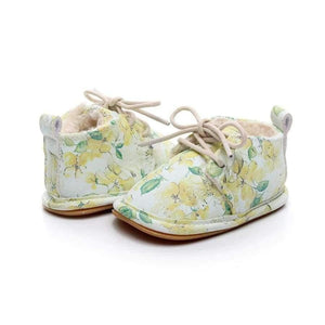 Planet Gates Winter super warm floral printing PU leather with fur baby moccasins infant baby girl boys shoes lace up boot