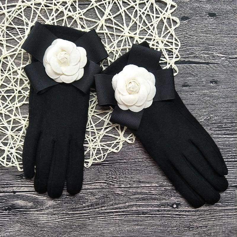 Planet Gates Winter Women Fashion Gloves Cashmere Touch Screen Ladies Gloves Bow Camellia Black Wrist Thick Warm Wool Mittens Soft AGL101