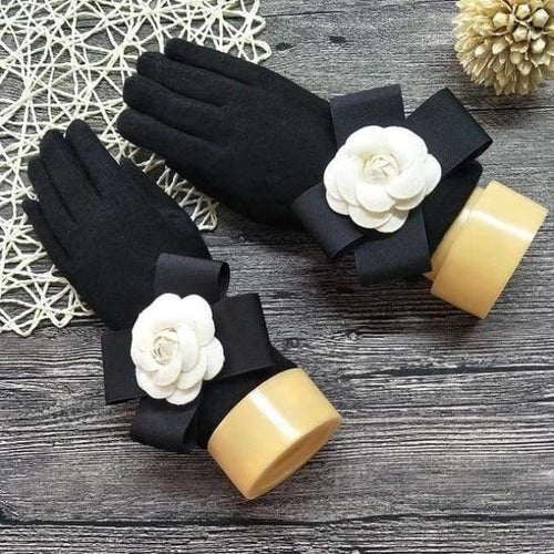 Planet Gates Winter Women Fashion Gloves Cashmere Touch Screen Ladies Gloves Bow Camellia Black Wrist Thick Warm Wool Mittens Soft AGL101