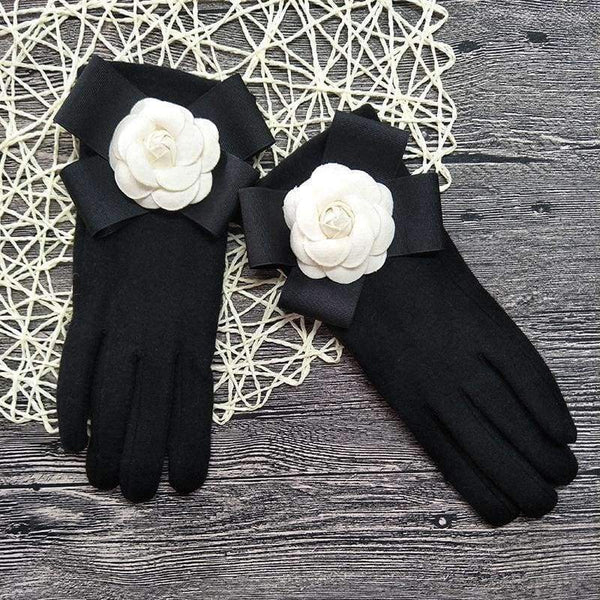 Planet Gates Winter Women Fashion Gloves Cashmere Touch Screen Ladies Gloves Bow Camellia Black Wrist Thick Warm Wool Mittens Soft AGL101