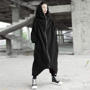 Planet Gates Winter Women Hooded Zip Long Sleeve Fleece Irregular Boyfriend Style Loose Pockets Solid Long Coat Jackets Plus Size