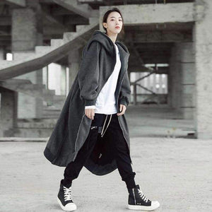Planet Gates Winter Women Hooded Zip Long Sleeve Fleece Irregular Boyfriend Style Loose Pockets Solid Long Coat Jackets Plus Size