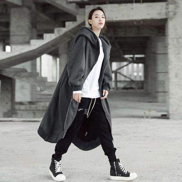 Planet Gates Winter Women Hooded Zip Long Sleeve Fleece Irregular Boyfriend Style Loose Pockets Solid Long Coat Jackets Plus Size