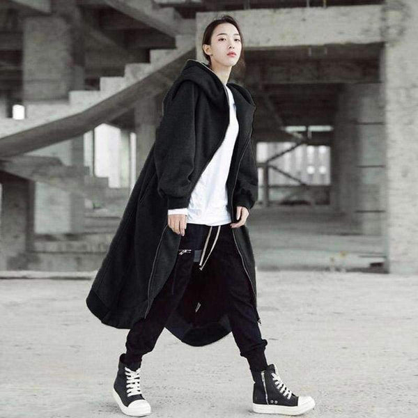 Planet Gates Winter Women Hooded Zip Long Sleeve Fleece Irregular Boyfriend Style Loose Pockets Solid Long Coat Jackets Plus Size