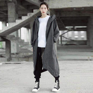 Planet Gates Winter Women Hooded Zip Long Sleeve Fleece Irregular Boyfriend Style Loose Pockets Solid Long Coat Jackets Plus Size