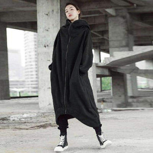 Planet Gates Winter Women Hooded Zip Long Sleeve Fleece Irregular Boyfriend Style Loose Pockets Solid Long Coat Jackets Plus Size