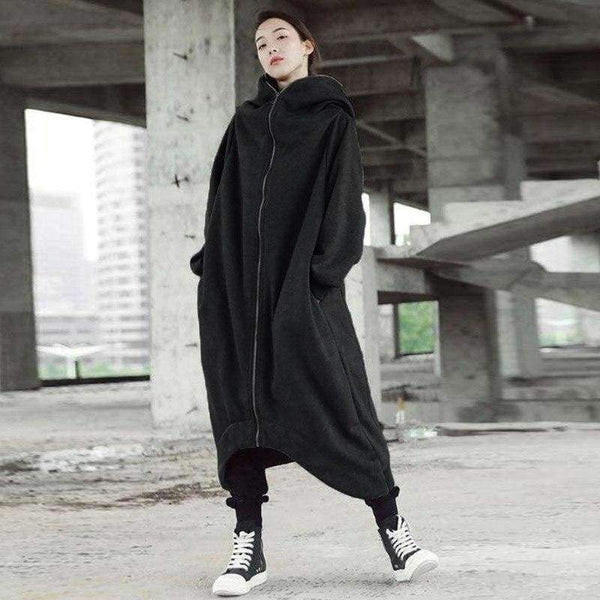 Planet Gates Winter Women Hooded Zip Long Sleeve Fleece Irregular Boyfriend Style Loose Pockets Solid Long Coat Jackets Plus Size
