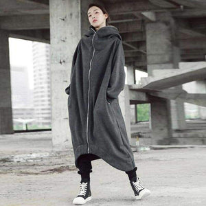 Planet Gates Winter Women Hooded Zip Long Sleeve Fleece Irregular Boyfriend Style Loose Pockets Solid Long Coat Jackets Plus Size