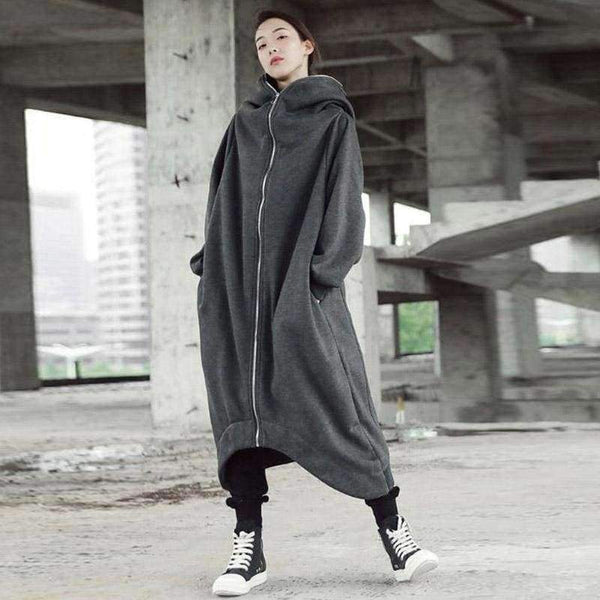 Planet Gates Winter Women Hooded Zip Long Sleeve Fleece Irregular Boyfriend Style Loose Pockets Solid Long Coat Jackets Plus Size