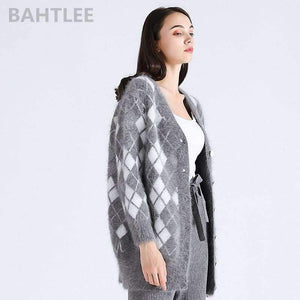 Planet Gates Winter women's angora rabbit cardigans knitting sweater  looser  fashion brand keep warm GEOMETRIC pattern pocket