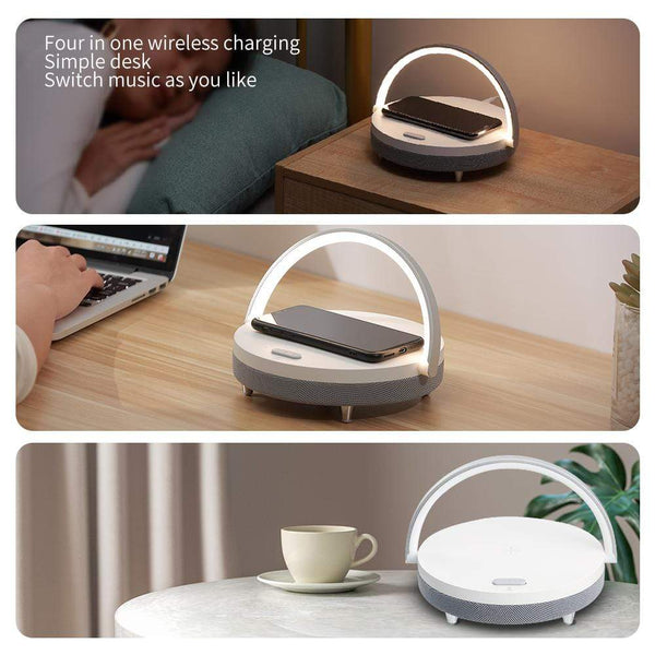 Planet Gates Wireless Charger Bluetooth Speaker for iPhone 13 12 11 X Wooden Table Lamp High Power Mobile Phone Stand Present Fast Charging