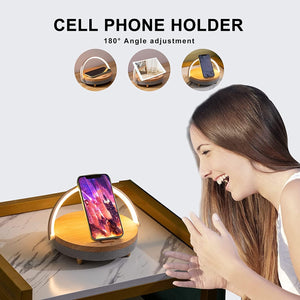 Planet Gates Wireless Charger Bluetooth Speaker for iPhone 13 12 11 X Wooden Table Lamp High Power Mobile Phone Stand Present Fast Charging