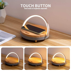 Planet Gates Wireless Charger Bluetooth Speaker for iPhone 13 12 11 X Wooden Table Lamp High Power Mobile Phone Stand Present Fast Charging