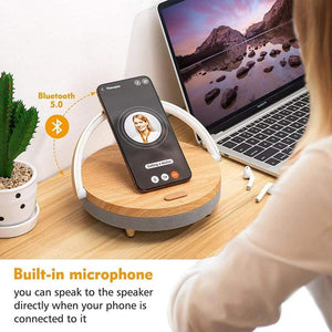 Planet Gates Wireless Charger Bluetooth Speaker for iPhone 13 12 11 X Wooden Table Lamp High Power Mobile Phone Stand Present Fast Charging
