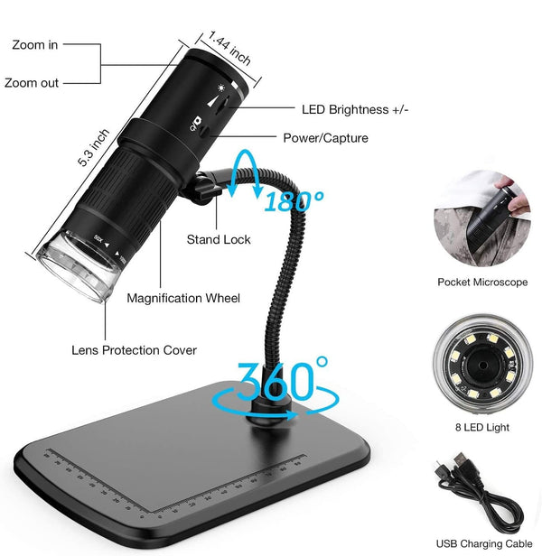 Planet Gates Wireless Digital Microscope Handheld USB HD Inspection Camera 50x-1000x Magnification with Flexible Stand For iPhone iPad PC