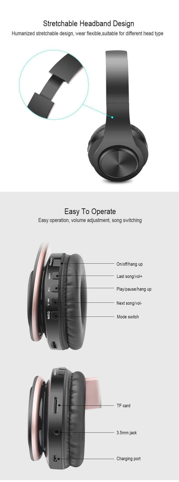 Planet Gates Wireless Headphones Bluetooth Stereo Foldable Headset Audio Mp3 Adjustable Earphones with Mic for Music