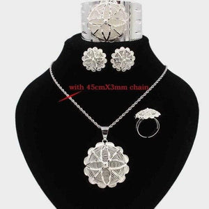 Planet Gates with 45cmX3mm chain / Resizable Jewelry Set Silver Plated Eritrean/Ethiopian/African Necklace/Pendant/Bangle/Earring/Ring Wedding Jewelry Sets