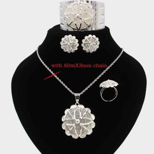 Planet Gates with 60cmX3mm chain / Resizable Jewelry Set Silver Plated Eritrean/Ethiopian/African Necklace/Pendant/Bangle/Earring/Ring Wedding Jewelry Sets