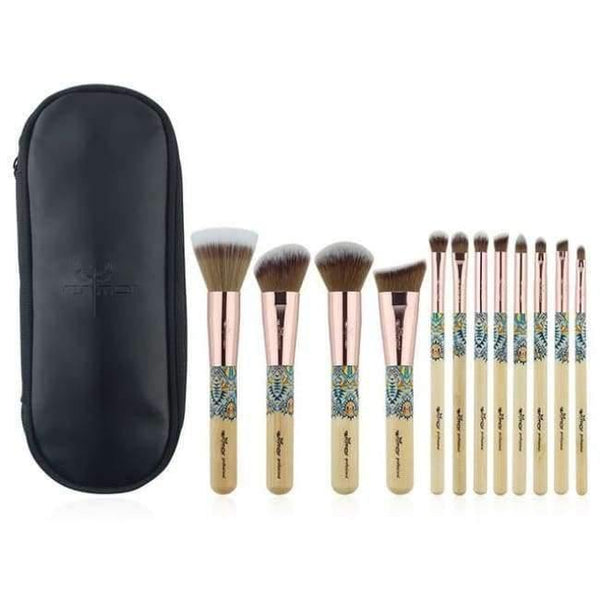 Planet Gates with bag Makeup Brushes 12PCS Set Bamboo Make Up Brush Soft Synthetic Collection Kit with Powder Contour Eyeshadow Eyebrow Brushes