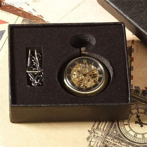 Planet Gates With Box Retro Bronze Roman Numbers Mechanical Pocket Watch for Men Women with FOB Chain Skeleton Hand-winding Pocket Watch