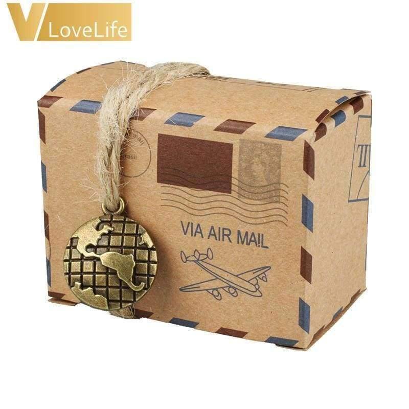 Planet Gates with Globe Souvenirs Boxes 50 pcs Kraft Travel Theme Air Mail Wedding Favor Gift Box Candy Pack Festive Party Supplies